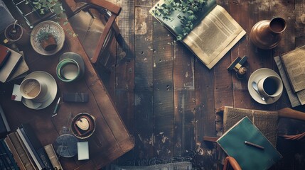 Fototapeta premium Overhead view of a rustic wooden table with coffee cups, books, and writing supplies.