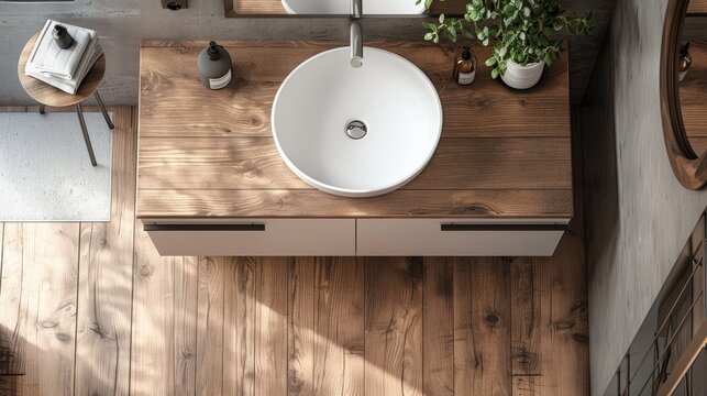 Overhead view of a modern bathroom vanity with a wooden countertop, white sink and a plant.