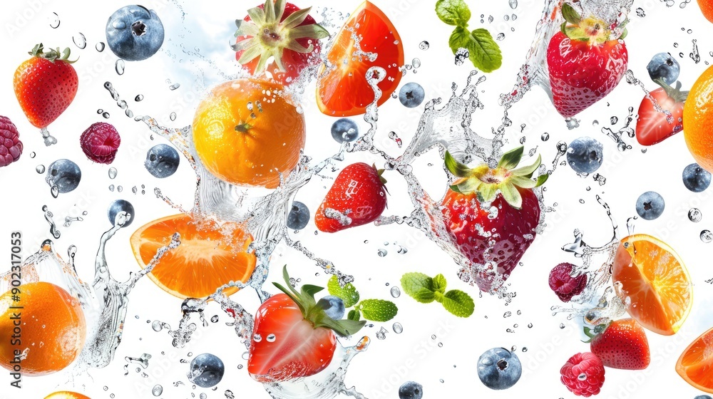 Poster variety of fruits falling with water splash, creating a seamless pattern on an isolated background