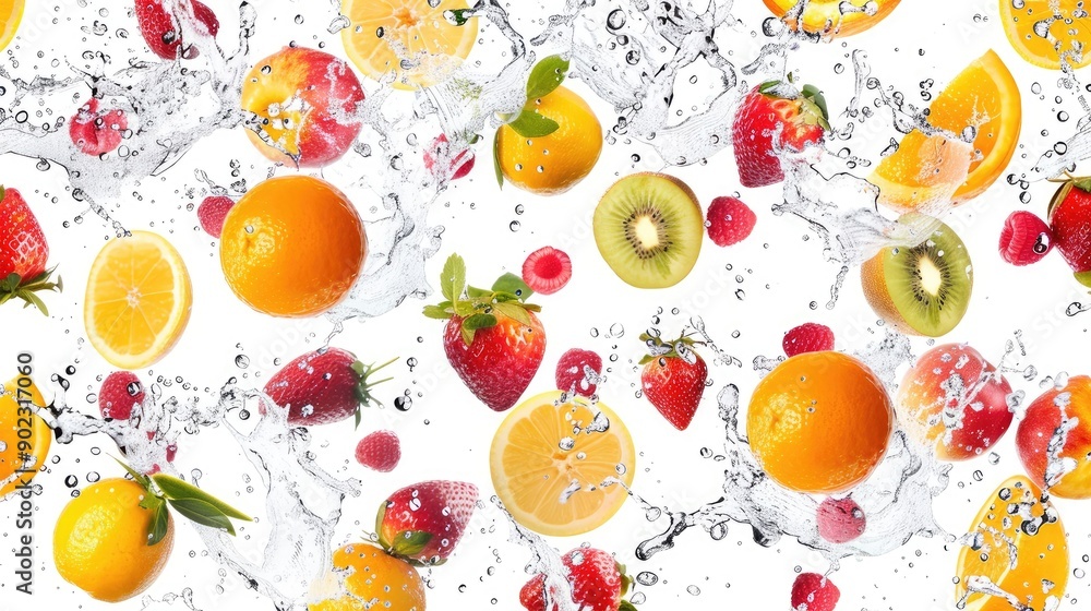 Poster variety of fruits falling with water splash, creating a seamless pattern on an isolated background