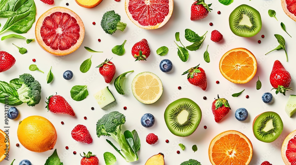 Poster various fresh fruits and vegetables levitating, creating a seamless pattern on a light background