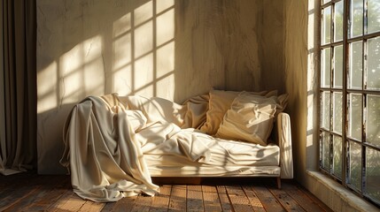 Sunlight streams through a window, illuminating a cozy couch with soft throw blankets.