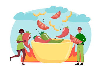 People cook spicy food. Man and woman with vegetables near large plate. Vegetarian diet and healthy eating. Tomato and chilli pepper. Flat vector illustration isolated on white background