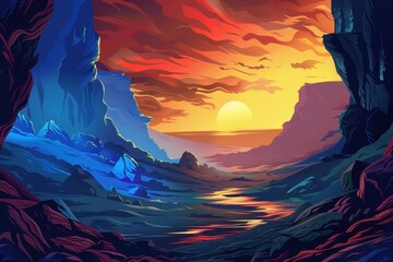 Sunset over a canyon with blue and orange hues