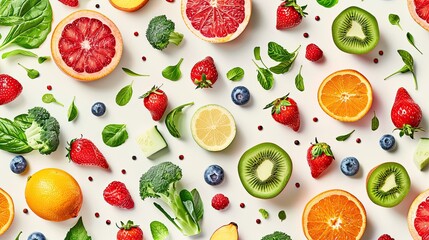 Various fresh fruits and vegetables levitating, creating a seamless pattern on a light background