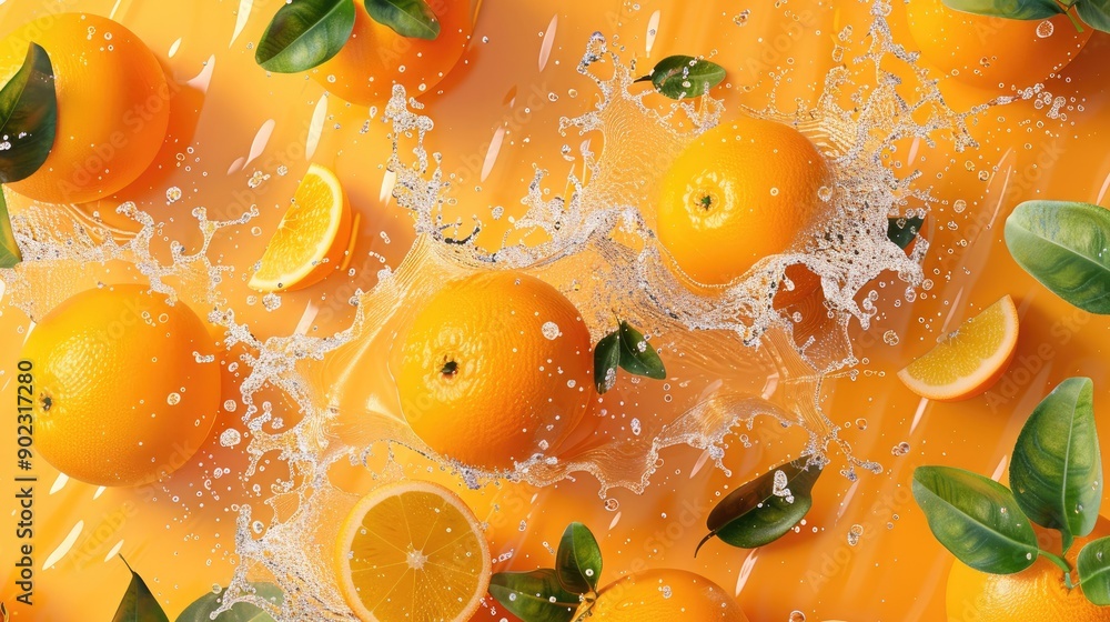 Poster water splashing on fresh oranges and leaves, creating a seamless pattern on an orange backdrop