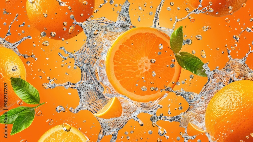 Poster water splashing on fresh oranges with leaves, creating a seamless pattern on an orange background