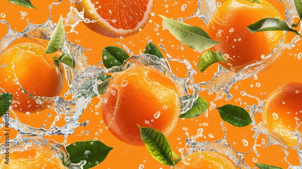 Poster water splashing on fresh oranges with leaves, creating a seamless pattern on an orange background