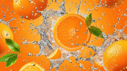 Water splashing on fresh oranges with leaves, creating a seamless pattern on an orange background