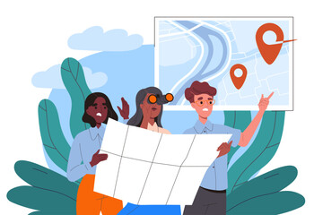 People look at map. Man and women planning route. Tourists and travelers guided by locality. Travels and tourism. Explorers with map. Flat vector illustration isolated on white background