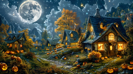 Obraz premium A charming Halloween scene featuring cozy houses, glowing pumpkins, and a bright full moon under a starry night sky.