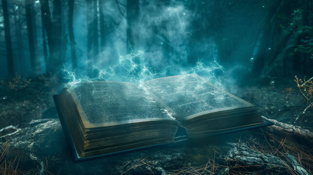 An ancient, mystical book with pages covered in cryptic symbols and encryption keys, surrounded by ethereal light and guarded by spectral figures in a dark, enchanted forest.