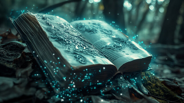 An ancient, mystical book with pages covered in cryptic symbols and encryption keys, surrounded by ethereal light and guarded by spectral figures in a dark, enchanted forest.