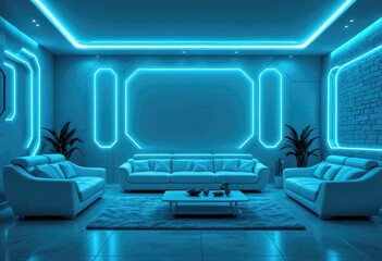 The tranquil living room features an empty wall softly illuminated by neon in yellow, cyan, and blue