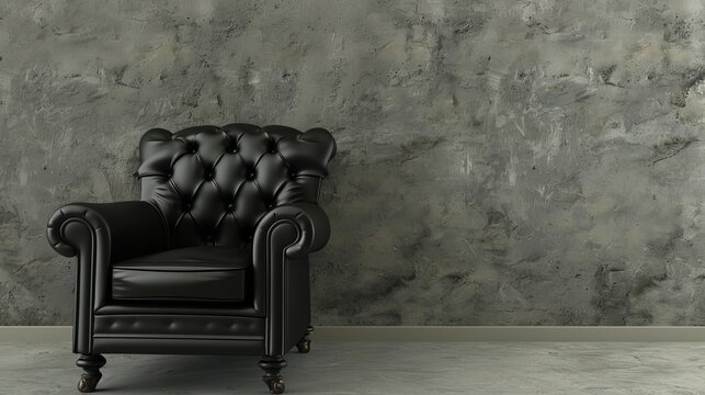 A black leather armchair sits against a textured concrete wall.