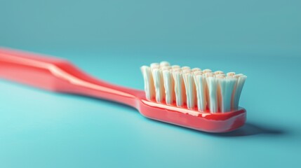 A close-up of a red toothbrush with white bristles on a blue background.