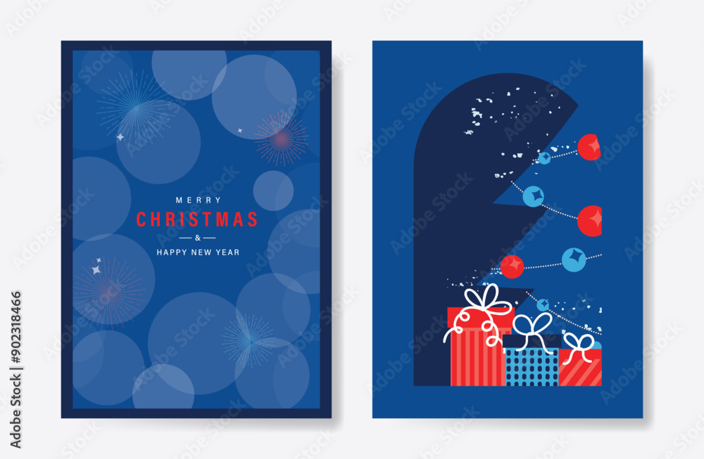 Wall mural elegant christmas tree invitation card vector set. christmas tree, snowflake, gift, firework on navy