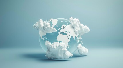 A globe surrounded by white clouds on a blue background