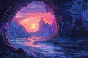 Mystical sunset over alien landscape with purple rocks and blue lake