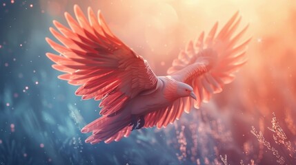 Obraz premium A pink dove flies through a vibrant sky, its wings spread wide in a moment of graceful flight