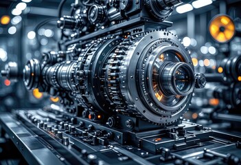 Obraz premium Sleek, modern machinery in action: High-tech precision instruments with futuristic design elements and industrial backdrop