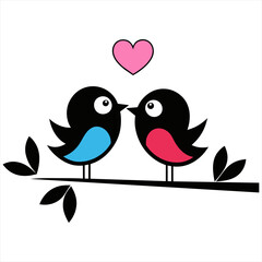 A cute couple bird on a branch illustration