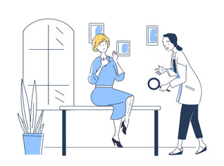 Phlebologist with patient. Woman with magnifying glass looks at patients legs. Varicose veins and health problems. Diagnosis and treatment. Linear vector illustration isolated on white background