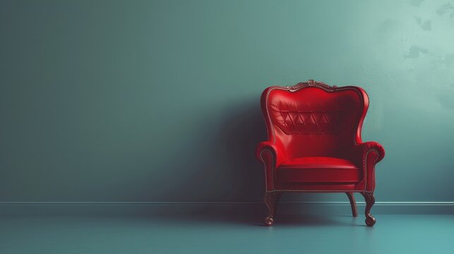 A solitary red armchair against a teal wall.  The room is empty, inviting the viewer to imagine themselves sitting in the chair.