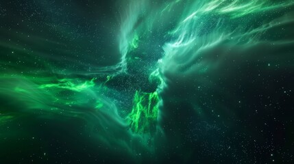 A vibrant, swirling nebula fills the dark space with ethereal green light.