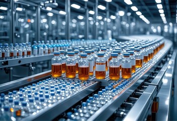 Pharmaceutical bottles on a conveyor belt in an automated production line for medical vials 