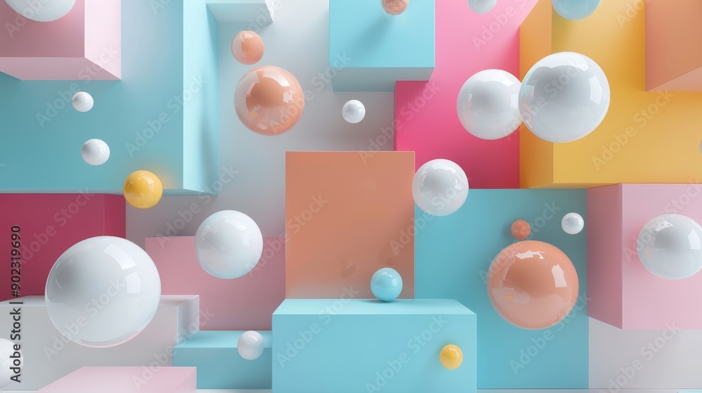 Aufkleber abstract colorful background with floating spheres and geometric shapes.