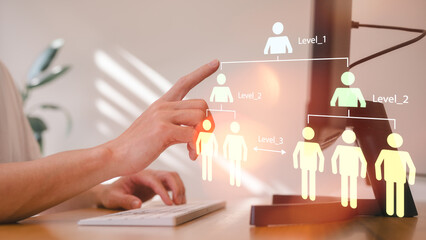 Organization chart with hierarchy structure of teams and employees in company. Businessman using...
