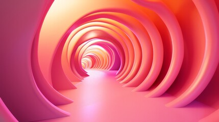 Fototapeta premium Abstract pink and orange tunnel with glowing light at the end. A futuristic and surreal scene.