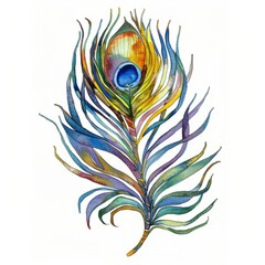 Obraz premium Watercolor painting of an Art Nouveau-inspired peacock feather, with iridescent colors, on isolated white background, Generative AI