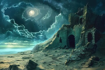 Ancient ruins stand tall against the backdrop of a stormy sky and vast desert