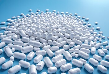 Fototapeta premium Macro shot of multiple round blue medical tablets isolated on white background