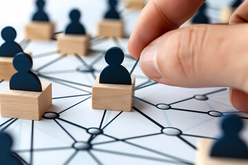 A visual representation of a business network, featuring wooden blocks with human icons connected by lines, symbolizing teamwork, management, and organizational structure in a corporate environment.
