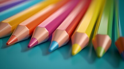 Fototapeta premium A close-up of colorful pencils arranged in a row on a turquoise surface.