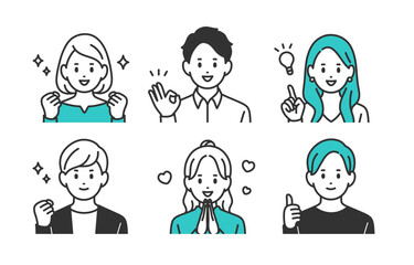ポジティブな若い男女の上半身セット【人物ベクターイラスト素材】