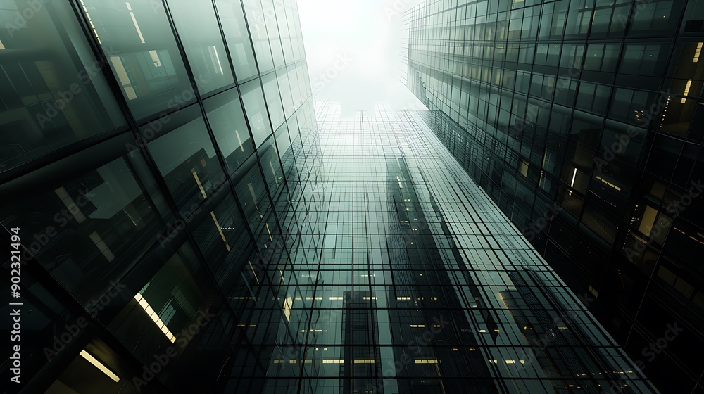 Poster modern city, showing the glass facades of skyscrapers reaching towards a cloudy sky. the image is fu