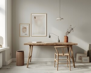 Illustration of "A Scandinavian-inspired minimalist workspace with a light wooden table, a single piece of modern art on the wall, and a few carefully selected, functional accessories in a bright, air