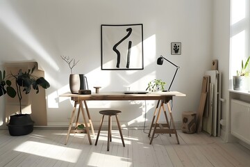 Illustration of "A Scandinavian-inspired minimalist workspace with a light wooden table, a single piece of modern art on the wall, and a few carefully selected, functional accessories in a bright, air