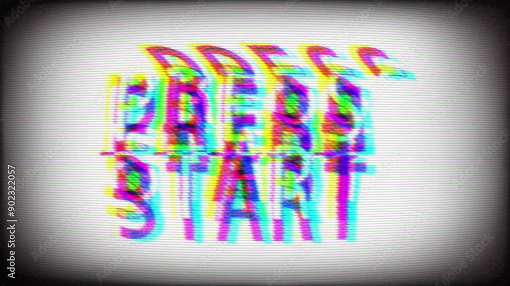 Poster press start text message animation on a television or computer screen with glitches, static distorti