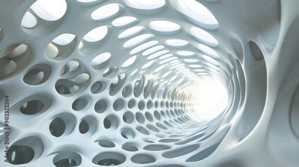 Poster abstract white honeycomb structure with light at the end of a tunnel. the design is organic and mode