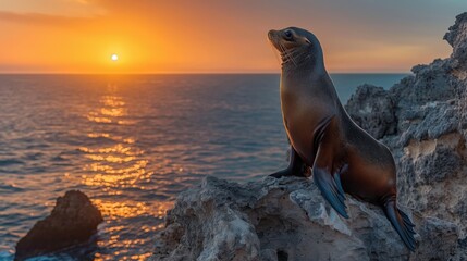 Obraz premium sea lion perched on a rocky outcrop looking out over the ocean