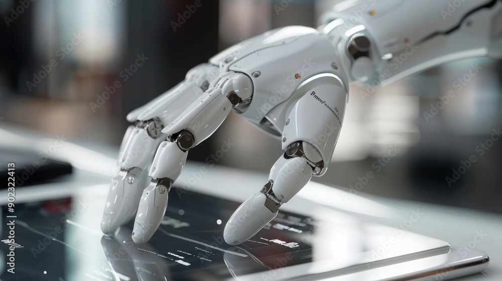 Poster robot hand touching tablet screen on table