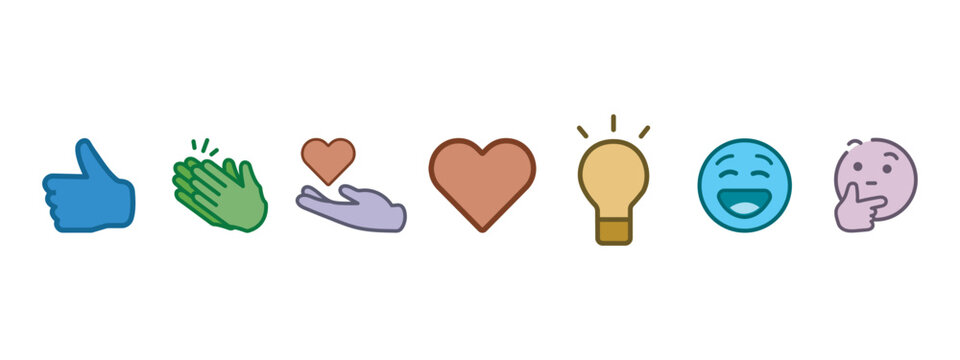 New LinkedIn Reactions. Social media Network icon sets. Like, celebrate, support, funny, love, insightful, curious, LinkedIn.
