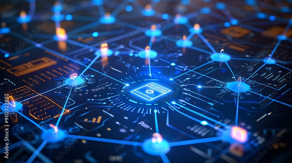 Poster close up of a digital network with a focus on cybersecurity and data protection. blue and orange lig