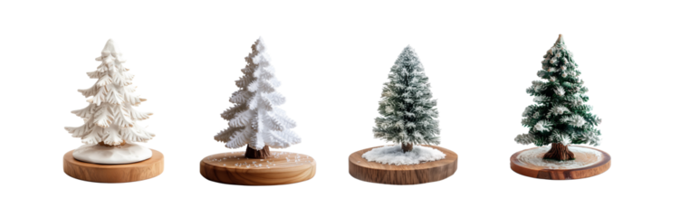 set of 3 christmas tree ornament figurine with wood base isolated