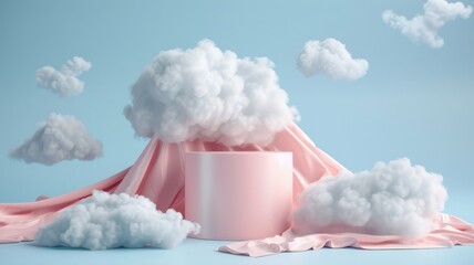 A pink podium draped in white fabric on a platform surrounded by clouds.